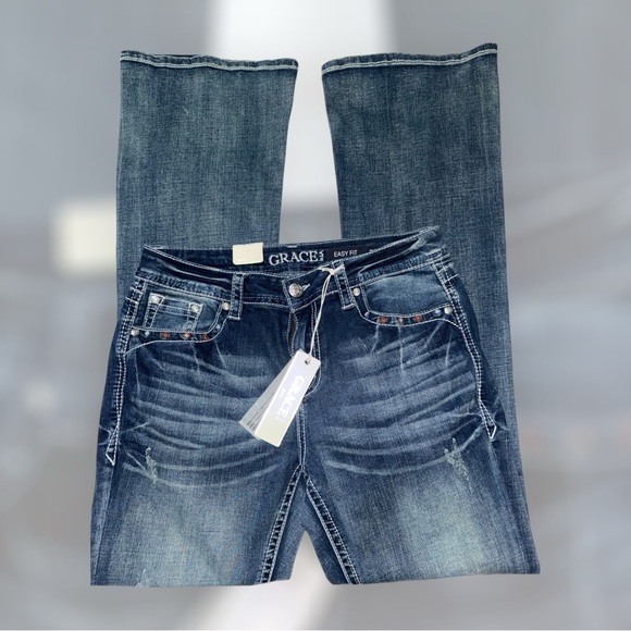 Grace in LA Denim - Grace in LA NWT Women's Deep Indigo Boot Cut Jeans With Aztec Pattern